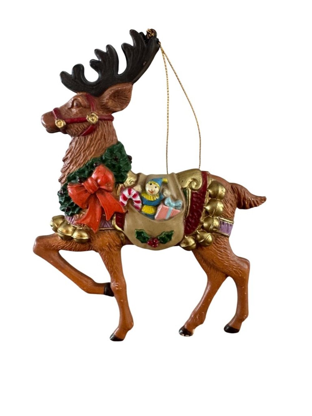 Vintage Hand-Painted Reindeer Christmas Ornament With Gold String 5" Tall